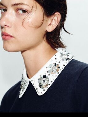 2026 NWT ZARA BEADED KNIT Embellished Peter Pan Collar Necklace - Sparkling TOP